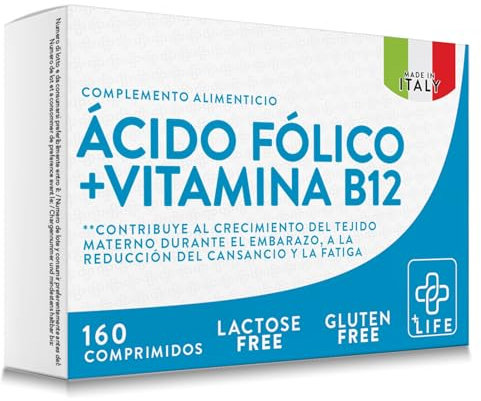 Acide Folique 400μg Avec B12, 160 Comprimés PiùLife 1 Par Jour, Folate Complément Vitamine B9 Et B12, Energie Contre La Fatigue Et L'épuisement, Maman