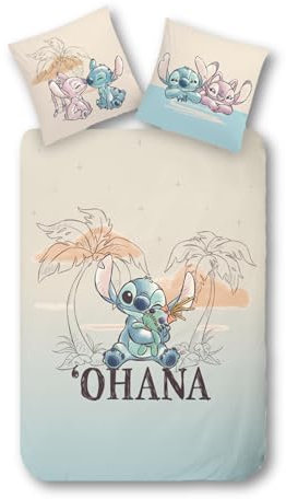 MTOnlinehandel Bettwäsche 135x200, Kinderbettwäsche Motiv Ohana Lilo & Stitch für Mädchen und Jungen, Teenagerbettwäsche, 100% Baumwolle, 1x Kissenbezug 80x80 + Bettbezug 135x200 (Stitch)