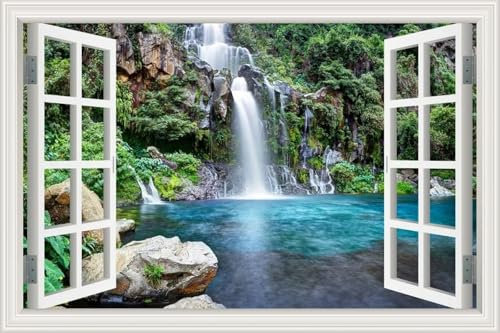 XAONUO Autocollant De Fausse Fenêtre En Pvc Auto-Adhésif 3D Cascades Montagnes Paysages 230X180 Peinture Murale 3D Photo Poster Tableaux Muraux Pour Salon Chambre D'Enfant Autocollant