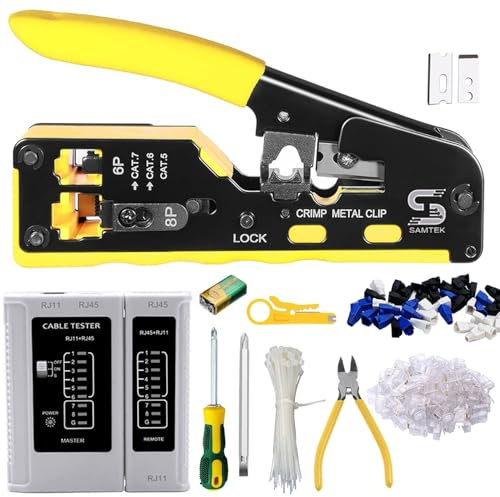 RJ45 Pass Through Crimping Tool Kit - RJ12 Cable Tester, Ethernet Passthrough Crimper, Striper, Cutter, Pliers, Screwdriver, Punch Down Tool Set for Cat5e, Cat6, Cat7, Cat8 Network Connectors