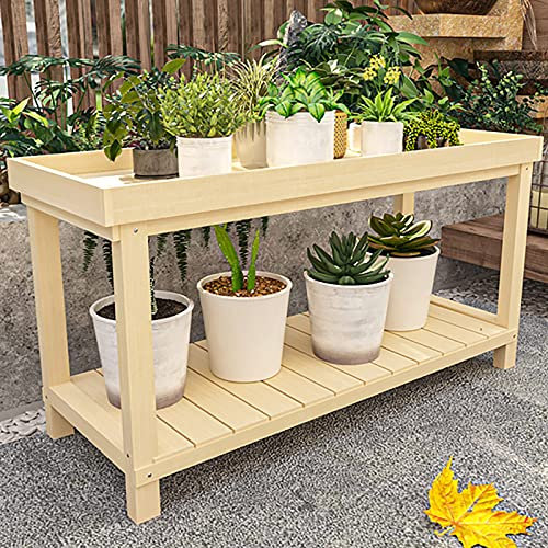 Outdoor Garden Potting Table with Storage, Gardening Workbench, Multi-Function Workbench with Guardrail - Natural Wood Color