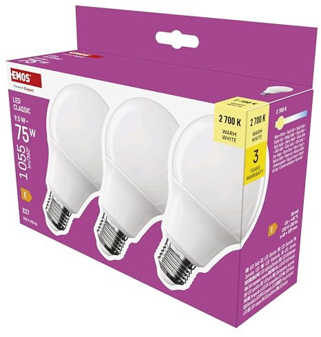 EMOS LED Lampe A60-Birne 3er Pack, 9,5W Ersatz für 75W Glühbirne, klassische Birne mit E27 Sockel, Helligkeit 1055 lm, Warmweiß 2700 K, 30000 h Lebensdauer, CRI min. 80, 180° Abstrahlwinkel