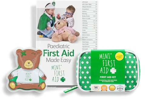 Mini First Aid Essentials Bundle – Mini First Aid Kit (90 Items) Kids First Aid Kit for Travel, Home, Office & Camping - Teddy Hot & Cold Gel Pack & Paediatric First Aid Made Easy Book