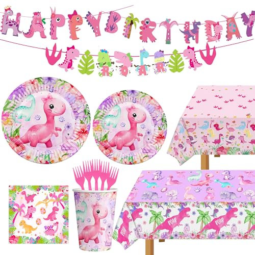Miruwtog Dinosaur Birthday Party Supplies - Dinosaur Plates, Napkins, Tablecloth - Pink - 102 Count