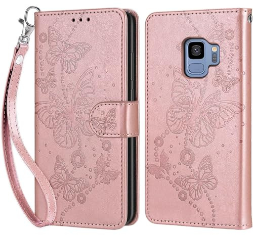 Handyhülle für Samsung Galaxy S9 Hülle, Roségold | PU Leder Flip, Klappbar, Stoßfest, Magnetisch, Standfunktion, Kartenfächer, Retro Design, Handgelenkband