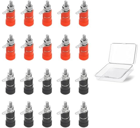 20 Presa a Banana Professionali da 4mm, Connettore Banana Jack Terminale del Binding, Connettori Femmina per Pannello Altoparlanti e Apparecchi Audio, Incluso Contenitore Portaoggetti 10 Neri 10 Rossi