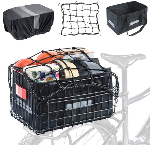 Wdmiya Panier Vélo Arrière, Porte-Bagage Arrière de Grande Capacité, Panier Vélo Chien avec Filet de Chargement, Housse de Vélo et Housse de Pluie pour Les Trajets Quotidiens