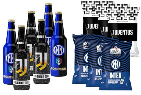 Bombeer PARTITA JUVENTU.S VS INTE.R 6 Bottiglie da 33cl + 6 Patatine da 25gr - 3 Bottiglie e 3 Patatine per Squadra - Birra Originale By Christian Vieri - Puro Malto Bottiglie di Vetro - Made in Italy