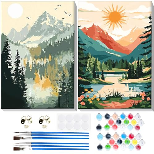 GHHKUD Pintar por Numeros Adultos, Pack 2 Kit de Pintura por Números, con Pinceles, Pigmento Acrílico, Pintura de Dibujo DIY, Paint by Numbers Kit 20X30CM, Vista de la montaña