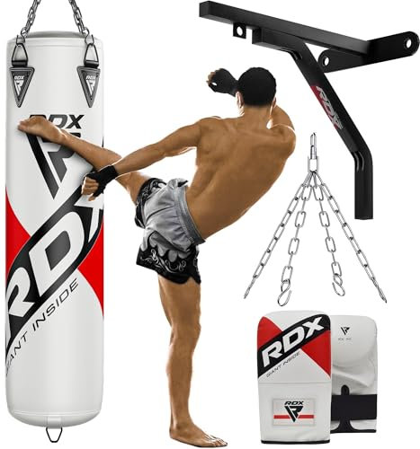 RDX 145CM Boxsack Hängend mit wandhalterung Handschuhen und Stahlkette Drehwirbel, 25KG Gefüllt Box Set 50KG Füllmenge, Erwachsene Maya Hide Leder Punching Bag für Boxen Kickboxen MMA Training