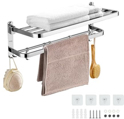 Towel Rail, ProChosen Stainless Steel Towel Rack with 5 Removable Hooks Wall Mounted Foldable Holder for Bathroom