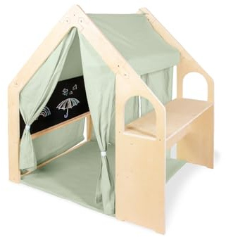 PINOLINO Thilda Spielhaus Indoor - Kaufladen - Haus mit Stoffdach, Bodenmatte & Maltafel - Kinder Zelt - Spiele ab 3 Jahren - Kinderzimmermöbel - Maße B 119 cm, T 94 cm, H 122 cm, Salbeigrün