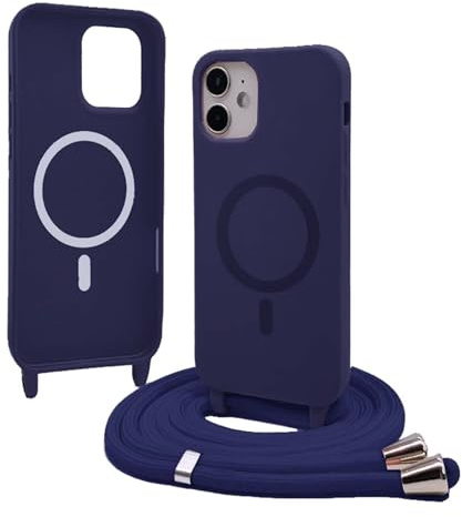 Bigcousin Handykette für iPhone 12 Mini Hülle mit Band,Magnetisch kompatibel mit Magsafe,Silikon Necklace Handyhülle mit verstellbar und abnehmbar,Blau