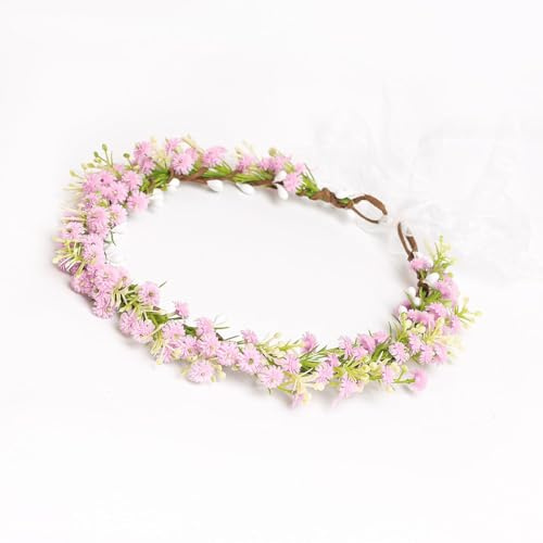 Yili Maizi Adjustable Breath Women Girl Pink Flower Crown Artificial Floral Headband Headpieces Halo Wreath Wedding Bride Bridesmaid Flower Girl Garland