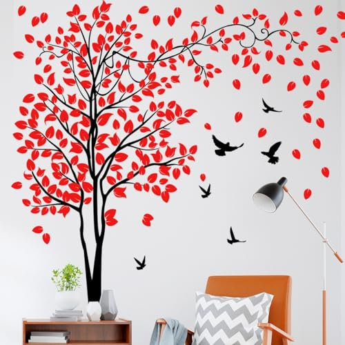 Großer roter Baum Wandtattoo mit fliegenden Vögeln 210 x 153 cm 4 Blatt entfernbare Wandaufkleber schwarz und rot