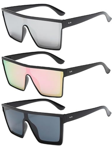 PonFxp 3 Square Sunglasses, Oversized Sunglasses for Men & Women, Rave Sunglass with 3 Colored Lenses, Fashion Square Sun Glasses for Outdoor Activities (Pink/Black/Silver)
