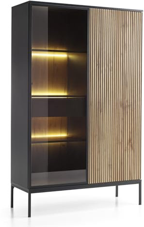 Generisch SENTO Vitrinenschrank, 104x166x39cm, Schwarz/Artisan Eiche, 2 Glastüren, 1 Schublade