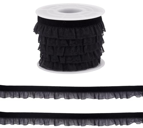 Cheriswelry 15mm Wide Velvet Organza Ribbon 4.5m Sheer Ruffle Edged Lace Trims with Spool for Clothes Design Choker Bracelet Gift Wrapped Crafting Sewing Decor, Black