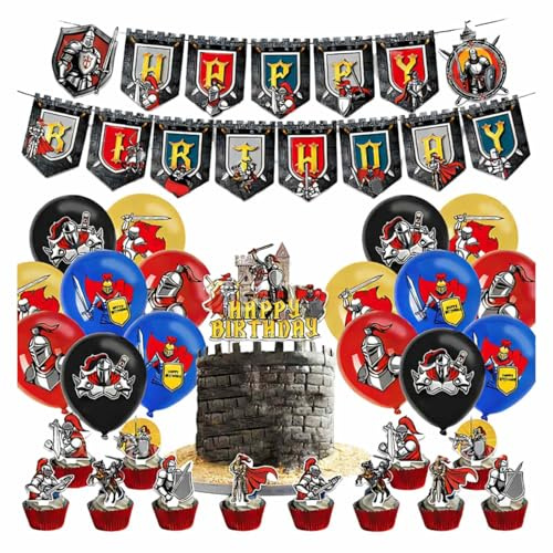 WUERKIYA Mittelalter Thema Dekorationsset 30-teilig – Event Dekoration mit Bannern, Luftballons und Tortendeko für Themenfeiern und Raumgestaltung