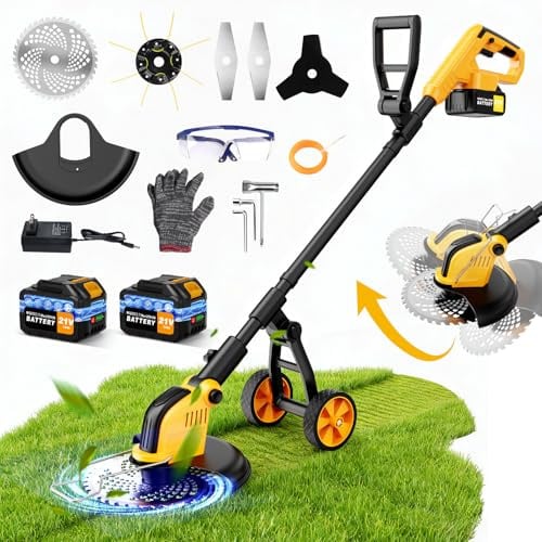 Decespugliatore a Batteria, 30CM Tagliaerba a Batteria con 2 Batterie da 3.0AH,Tagliaerba Elettrico con Ruota,Motore Senza Spazzole 800W,4 Tipi di Lamelle per Taglio Di Giardini, Prati,Arbusti