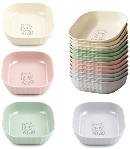 12 Comederos Planos para Gato 14,5x14,5x3,5cm Antifatiga Bigotes PP | Base antideslizante apilable sin BPA apto lavavajillas, sirve pienso comida húmeda agua criaderos gateras hogares felinos