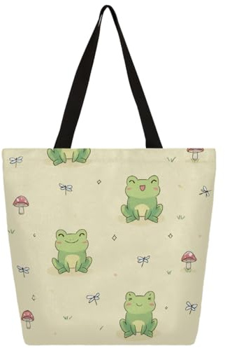 Mexpekil Einkaufstasche aus Segeltuch mit Cartoon-Frosch-Muster, für Damen und Mädchen, wiederverwendbare Einkaufstasche, große Damen-Handtaschen, Mehrzweck-Umhängetasche