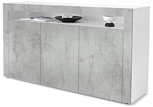 Vladon Buffet Valencia, Commode avec 3 Portes et 1 Compartiment Ouvert, Blanc Mat/Aspect béton oxyde/Aspect béton oxyde (155 x 92 x 40 cm)