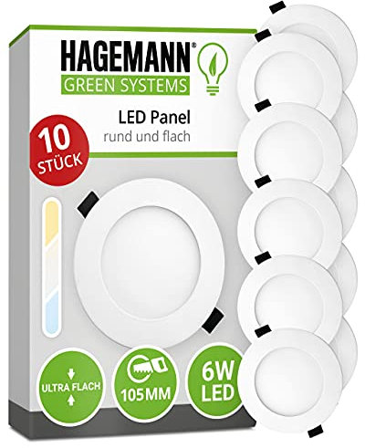 HAGEMANN® 10 x LED Panel rund 6 Watt 540lm – Ø 105mm Bohrloch – 230V Deckenspot LED flach