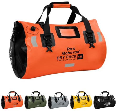 Tacxmotorrad Wasserdichter Seesack für Herren/Damen, Roll-Top-Trockenrucksack, Seesack mit schnell fixierten Trägern, Motorrad-Satteltasche für Motorrad, Rafting, Bootfahren, Kajak, Reisen, 48L-Gelb