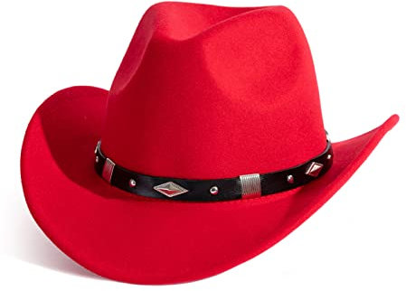 Gossifan Cowboy-Hut für Damen und Herren, Fedora-Hut mit Gürtel, B-black Gürtel, Rot, Medium