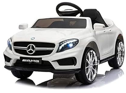 FINOOS Véhicule Voiture électrique Enfant 12V. avec télécommande 5 Km/h Max Effets sonores + Lumineux Mercedes GLA45 AMG (Blanc)