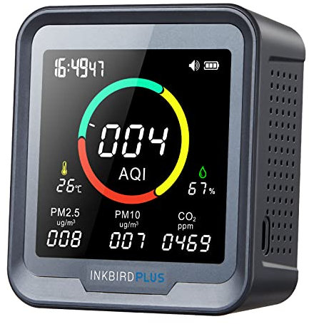 INKBIRDPLUS 6-in-1 Indoor Air Quality Monitor, Detects CO2, PM2.5, PM10, AQI, Temperature and Humidity with Alarm, for Rooms, Cellars, Grow Tents, Offices, etc. (PTH-9A)