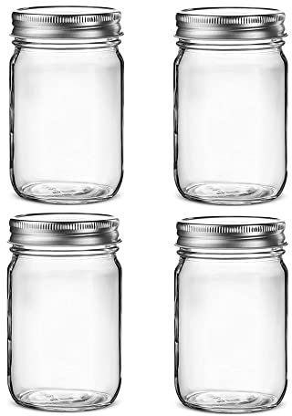 Hniuyun 4 pack Glass Regular Mouth Mason Jars, Clear Glass Jars with Silver Metal Lids for Sealing, Food Storage, Overnight Oats, Dry Food, Snacks, Candies, DIY Projects (16 oz