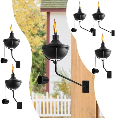 FAN-Torches Wall Mounted Citronella Torches Set of 6, 24 oz Garden Torches for Outside, Refillable Flame Light Torch, Outdoor Metal Torch for Yard, Patio, Deck, Garden, Party, Landscape