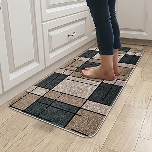 Yugarlibi Teppich Läufer Flur rutschfest Waschbar Modern Küchenläufer Dauerhaft Weich Schmutzabweisend Flurläufer für Wohnzimmer Schlafzimmer Innen Outdoor Korridor 60x180cm Hellbraun Kariert