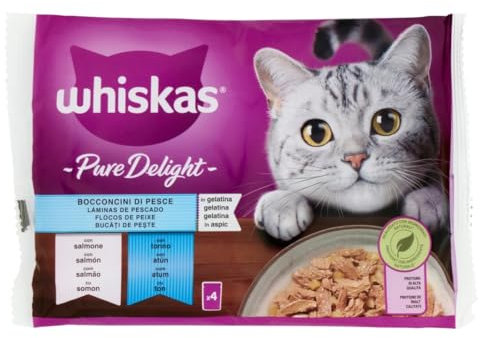 Whiskas Pure Delight Bocconcini di Pesce, 1+ Anni, Cibo Umido per Gatto, Confezione da 4 Bustine da 85 g