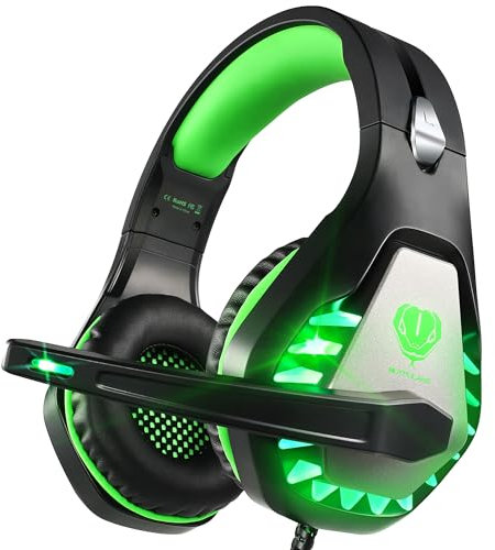 Awinnasey Gaming Headset mit Mikrofon für PS4, PS5, PC, Xbox One, Switch, Kopfhörer mit LED Licht, Over Ear Headset mit Noise Cancelling für Kinder Erwachsene(Grün)