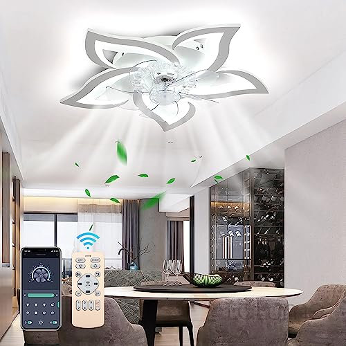 XEMQENER Ceiling Fan with Lights and Remote, Modern LED Ceiling Fans with Lamps and Bluetooth APP, 50W Dimmable Fan Lighting with 6 Speeds Reversible DC Motor 2 Timer, Acrylic 5 Fan Light, White 69cm