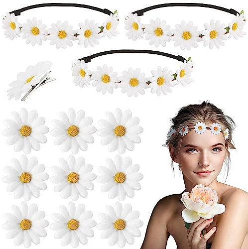 Oenothera 13 Stücke Blumen Haarband, Blumenkränze Fürs Haar, Stirnband Blumen, für Mädchen Frau Braut Brautjungfer für Hochzeit Geburtstag Party(Weiß)