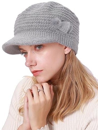 CheChury Strickmütze Damen Barett Winter Fleece Mütze Warme Frauen Grobstrick Wintermützen Kaschmir Mütze mit Shirm Baskenmütze Winter Damen Beaniemütze mit Schirm Wollmütze Damen Schirmmütze,Grau
