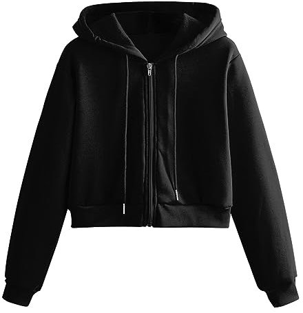 CGGMVCG Crop Zip Up Felpa con cappuccio da donna casual tinta unita manica lunga cerniera con cappuccio felpe ritagliate, Nero, S
