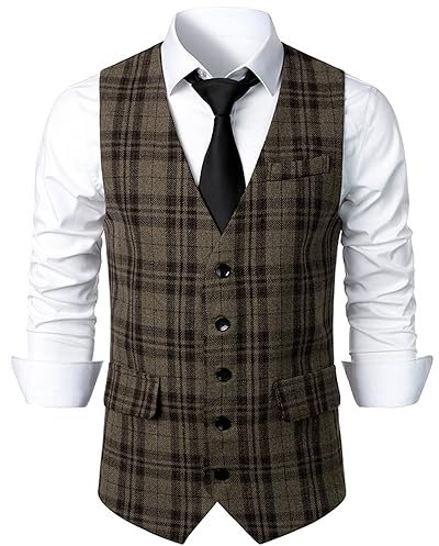 Rhomba Taschen Weste Herren Casual Mode V-Ausschnitt Weste Herren Slim Fit Einfarbig Knopfleiste Blazer Weste Gentleman Business Anzug Weste Herren I-Coffee XL