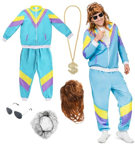 Festicy 80er Jahre Outfit Damen und Herren I Größe M mit 80er Jahre Accessoires I Retro Trainingsjacke, Hose, Vokuhila Perücke, Goldkette und Sonnenbrille I New Kids Kostüm 2025