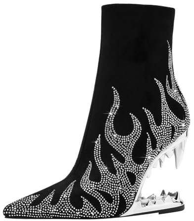 Botas Tobillo con tacón Diente Tigre para Mujer,Botines tacón Alto con patrón Llama Diamantes imitación Moda,Botas Cortas de Fiesta de Pasarela con Punta Hueca Sexy,Plata,42 EU