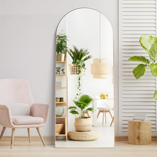 Elemango 165x60cm Arched Floor Full Length Mirror, Full Body Wall Mirror with Aluminum Frame, Arched-Top Full Dressing Mirrors Standing Hanging or Leaning for Bedroom Living Room, Gold