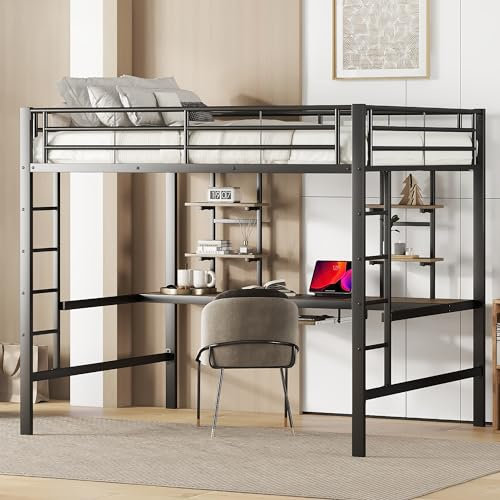 Merax Kinderbett Hochbett 140x200cm, Metallbett mit Schreibtisch und Zwei Bücherregalen, Etagenbett mit Leiter und Rausfallschutz, für Kinder, Jugendliche und Erwachsene, Stabiler Bettrahmen, Schwarz
