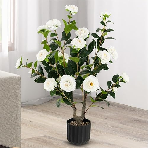 TANGZON 3FT/95CM Artificial Camellia Tree, 1/2 Pack Faux Blooming Floral Plant with 24 Flowers, 186 Green Leaves & Pebble Pot, Indoor Outdoor Decorative Fake Potted Camellia Plant (White, 1 Pack)