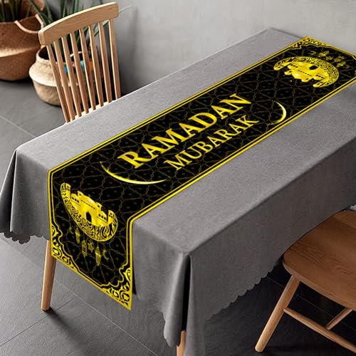 Ramadan Deko Tischläufer, Gold Ramadan Mubarak Tischwäsche Eid Mubarak Dekoration Leinen Tischdecke Happy Ramadan Mubarak Tischdecke Dekoration für Islamische Feiertags, 35 x 180 cm