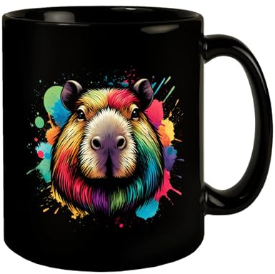 Capybara Aquarell Tasse in Schwarz Lebendige Farbspritzer Bunte Tropfen Mehrfarbiges Nagetier Design Capybara Aquarell Tasse