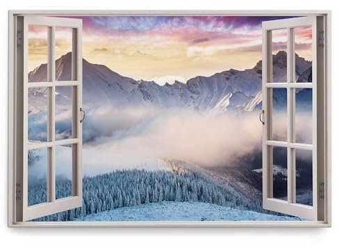Paul Sinus Wandbild 120x80cm Fensterbild Berge Winter Schnee Tannenwald Sonnenuntergang